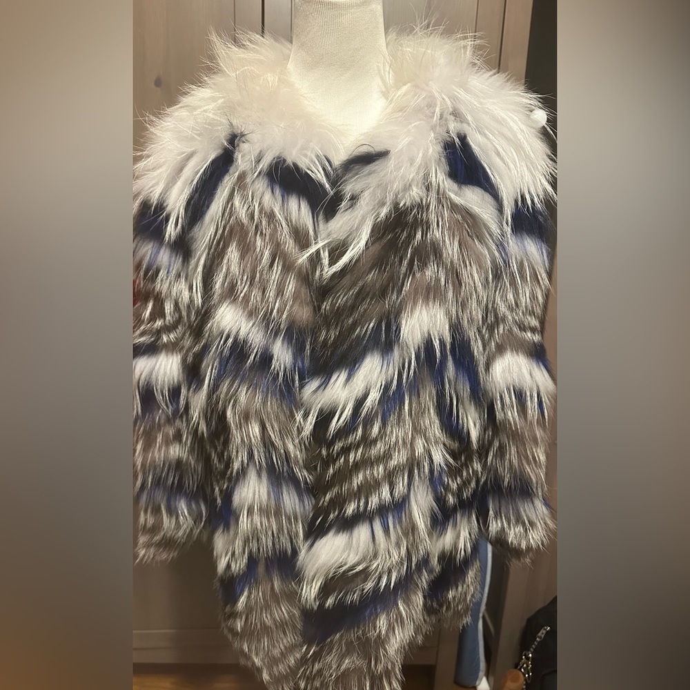 Grey & Multicolor Yves Salomon raccoon /Fox Fur Jacket Size EU 40 /US 10 - Picture 8 of 10